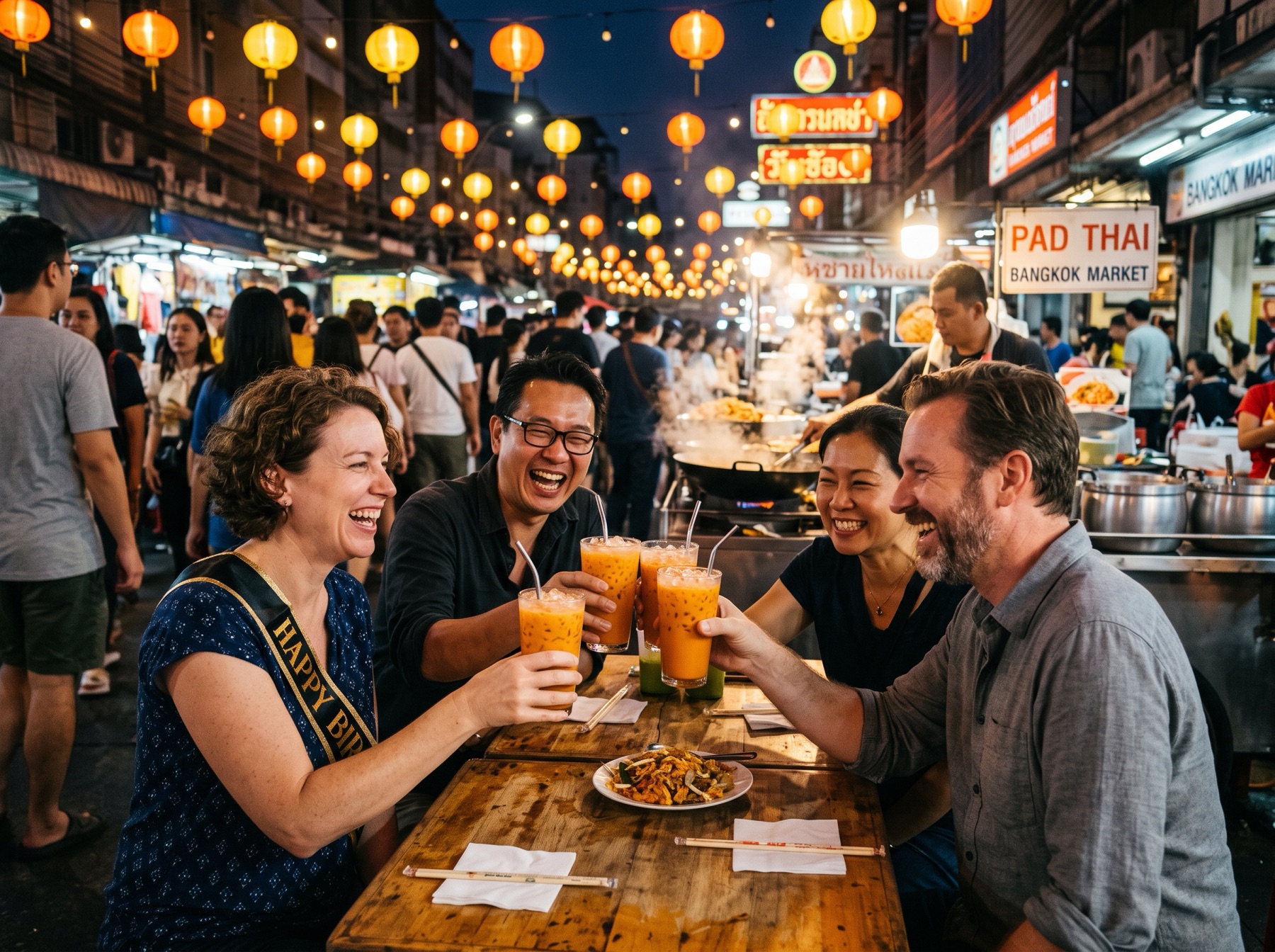 Group of friends exploring a night market