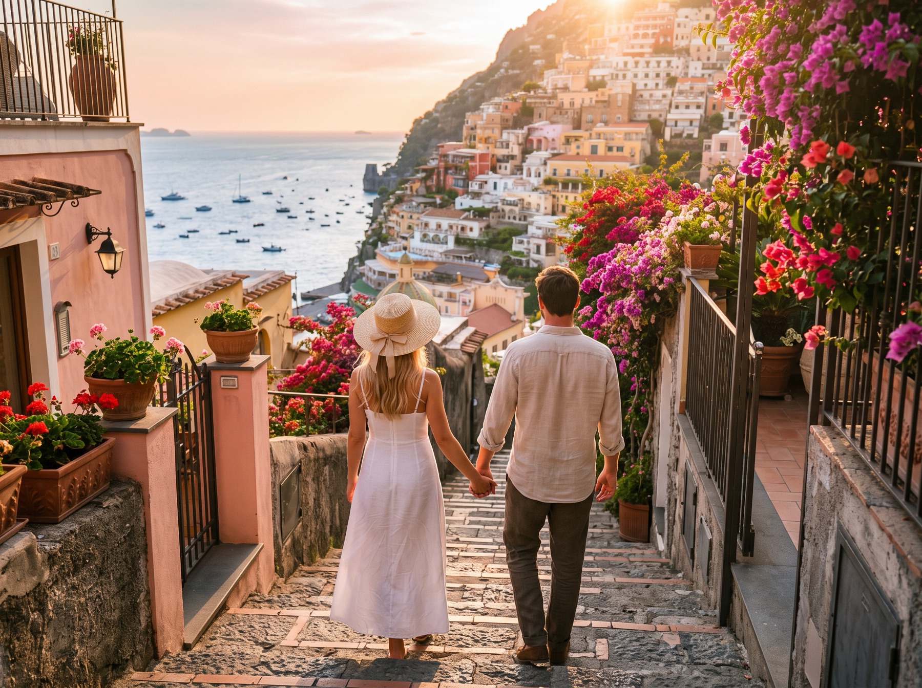 Illustration of a couple walking down steps toward the sea in Positano