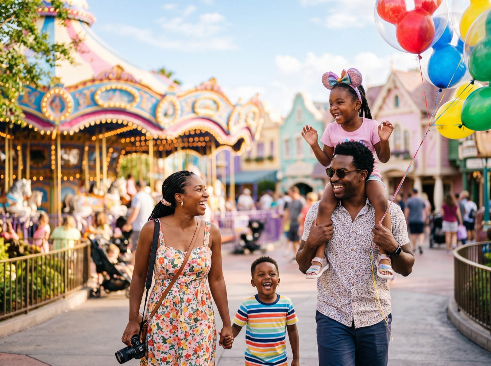 Parents and young children enjoying a theme park