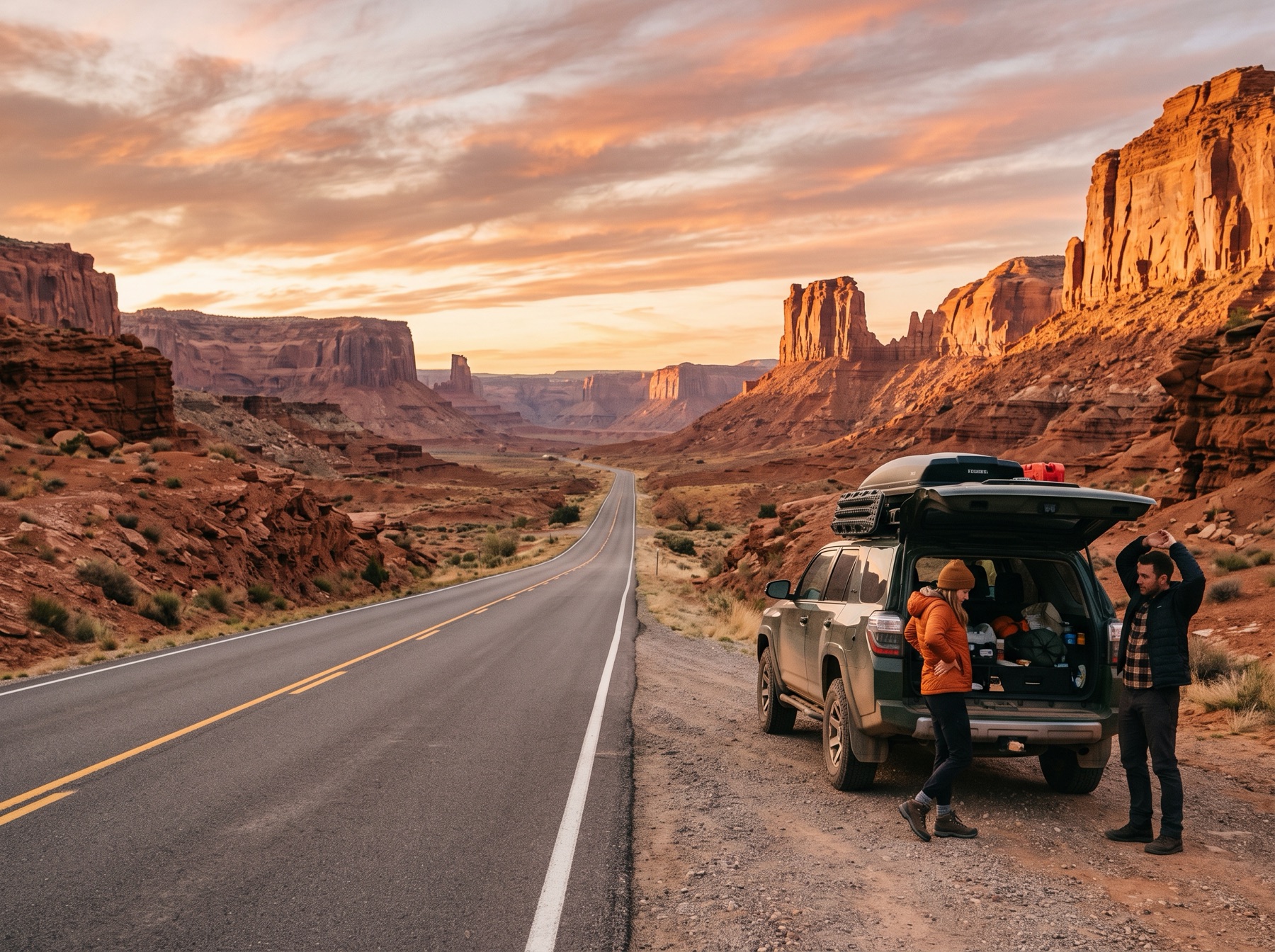 Travelers on a desert road trip
